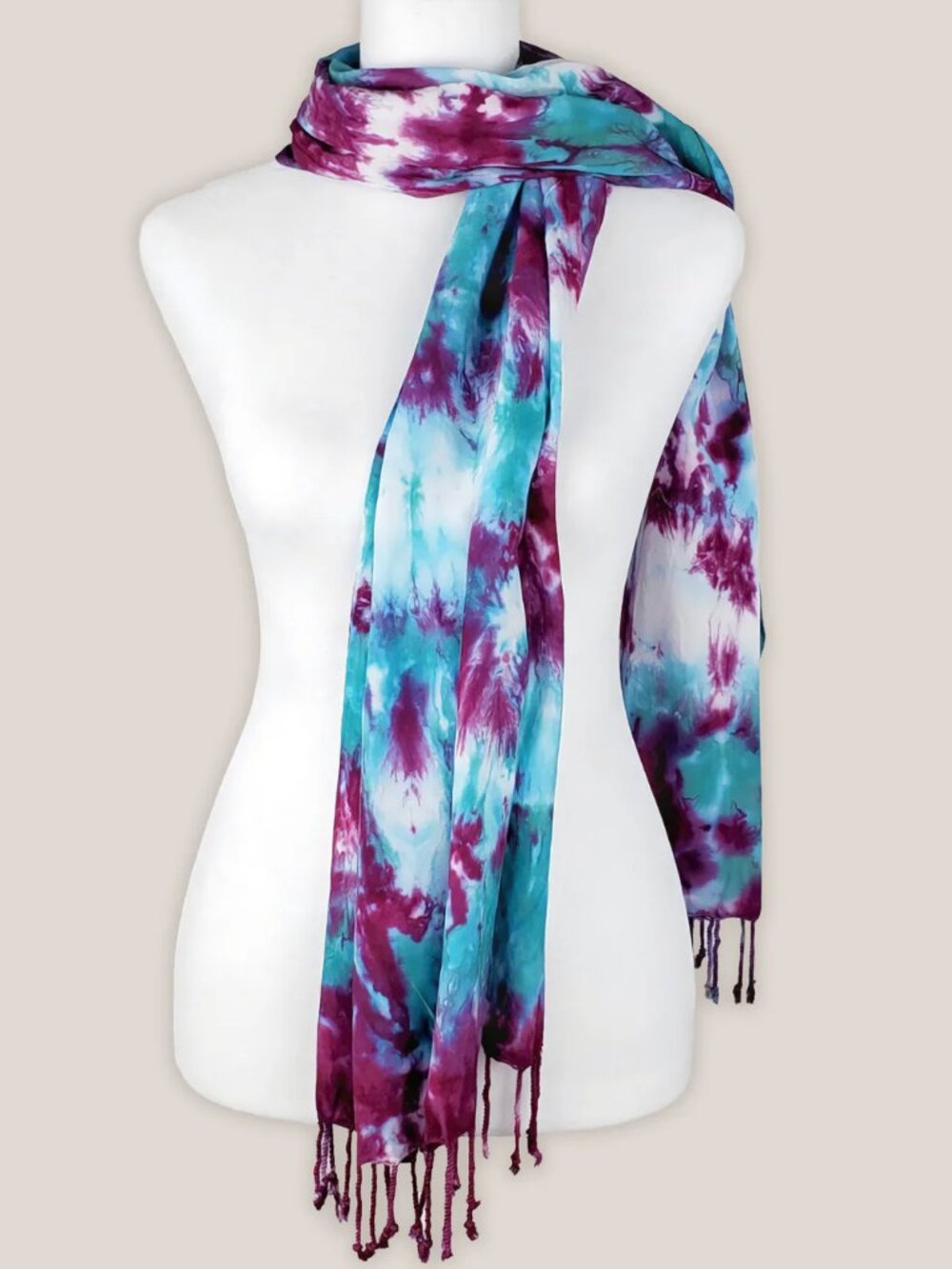 Pink + Teal Tie Dye Boho Scarf | Fringe Hand Dyed Wrap